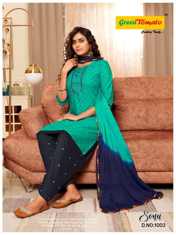 Green Tomato Sonu Rayon Printed Regular Wear Kurti Patiala With Dupatta Collection